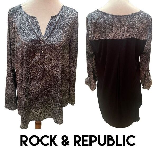 Rock & Republic Gray & Black Long Sleeve Geometric Design High/Low V-Neck Tunic/ - Picture 1 of 16